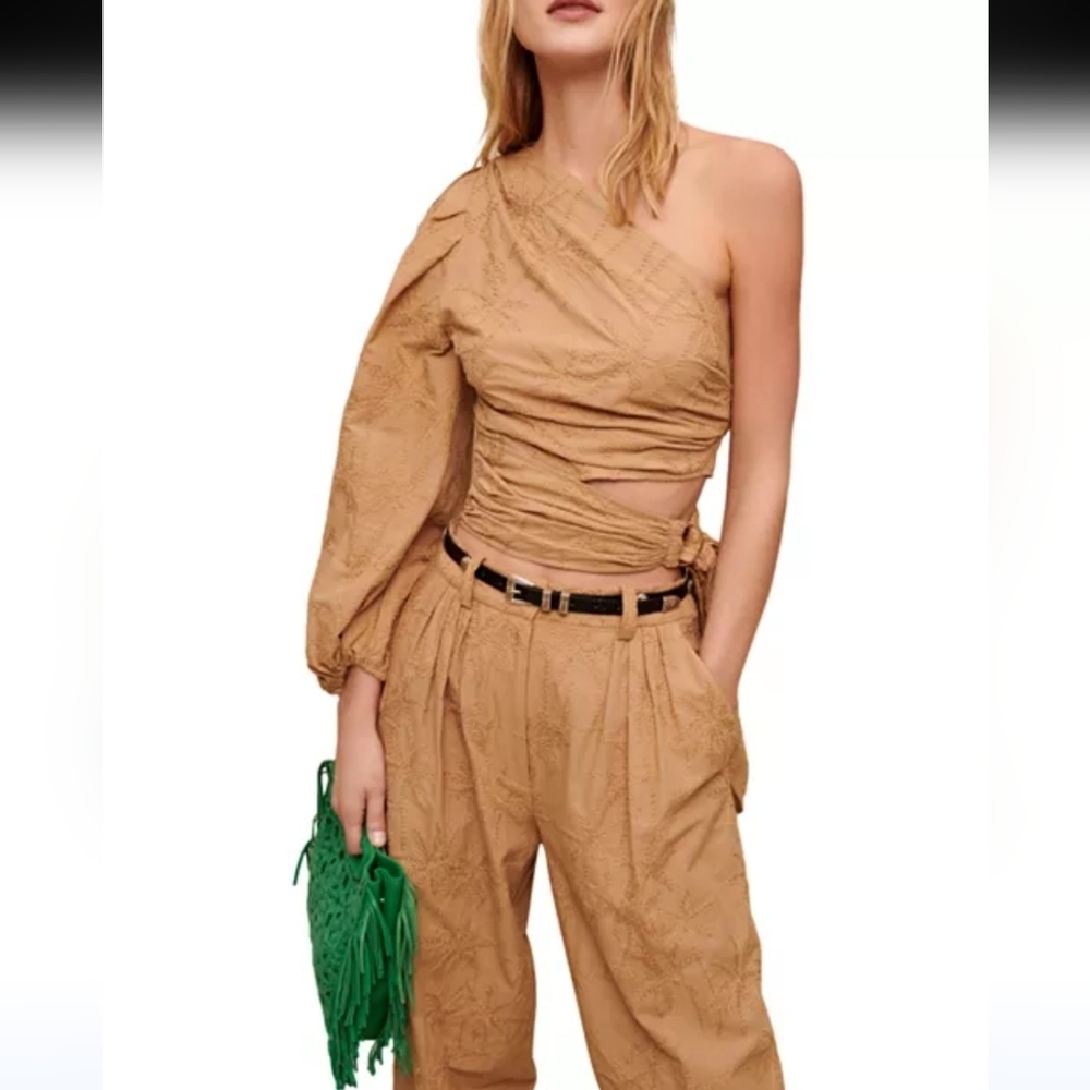 Maje Lalmeto One Sleeve Tan Brown Blouse Embroidered Cut Out Zipper Size 1 S